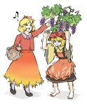  aki_minoriko aki_shizuha apron barefoot basket black_skirt blonde_hair clenched_teeth food food-themed_hair_ornament fruit grape_hair_ornament grapes hair_ornament highres leaf_hair_ornament long_sleeves musical_note open_mouth peroponesosu. red_shirt shirt shoes short_hair siblings simple_background sisters skirt spoken_musical_note steam_from_mouth sweatdrop teeth touhou trembling white_background wide_sleeves yellow_eyes yellow_shirt 