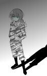  1girl absurdres aqua_eyes arms_behind_back boots camouflage camouflage_jacket camouflage_pants expressionless full_body greyscale highres hiiragi_nana jacket looking_at_viewer military military_uniform monochrome munou_na_nana pants ponytail simple_background solo spoilers spot_color standing uniform yukisa 