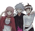  1girl 2boys :o absurdres ahoge alternate_hair_ornament apron bandages bangs black_footwear black_pants blunt_bangs breasts brown_hair capelet commentary_request cosplay crazy_eyes danganronpa_(series) danganronpa_2:_goodbye_despair death_(entity) galaga grey_hair grim_reaper grim_reaper_(cosplay) hair_between_eyes hair_ornament halloween_costume highres hinata_hajime holding holding_mask hood hood_down komaeda_nagito large_breasts little_red_riding_hood_(grimm) little_red_riding_hood_(grimm)_(cosplay) looking_at_viewer mask mask_on_head multiple_boys mummy_costume nail_polish nanami_chiaki open_mouth pants red_capelet red_nails red_ribbon red_skirt ribbon short_hair simple_background skirt sleeping triangle_hair_ornament upper_teeth uyu_(uyuchaxx) waist_apron white_apron white_background 