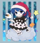  bangs black_bow black_dress black_sleeves blue_background blue_eyes blue_hair blush book boots bow chibi clouds doremy_sweet dress eyebrows_visible_through_hair gradient gradient_background grey_background hand_up hat looking_at_viewer open_mouth pom_pom_(clothes) ponytail red_headwear rei_(tonbo0430) short_hair short_sleeves sitting sitting_on_cloud smile star_(symbol) starry_background striped striped_background tail touhou white_dress white_footwear 