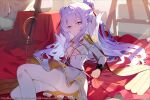  +_+ 1girl azur_lane blue_eyes breasts clothing_cutout double_bun dress hair_ribbon indoors le_malin_(azur_lane) long_hair looking_at_viewer lying on_back pantyhose rapier red_ribbon ribbon sheath sheathed short_dress small_breasts solo sutorora sword thighband_pantyhose underboob_cutout weapon white_dress white_hair 