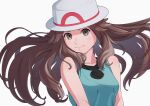  1girl bare_arms breasts brown_hair bucket_hat closed_mouth collarbone commentary_request eyelashes floating_hair green_shirt grey_eyes hair_flaps hat highres leaf_(pokemon) long_hair looking_at_viewer pokemon pokemon_(game) pokemon_frlg ruinai shirt simple_background sleeveless sleeveless_shirt smile solo upper_body white_background white_headwear 