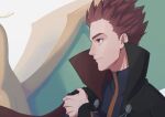 1boy black_cape brown_eyes cape closed_mouth commentary_request dragonite floating_cape grey_jacket hand_up highres jacket lance_(pokemon) male_focus pokemon pokemon_(creature) pokemon_(game) pokemon_hgss popped_collar redhead ruinai short_hair spiky_hair turtleneck turtleneck_jacket upper_body 