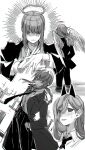  1other 2girls absurdres angel_devil_(chainsaw_man) bangs blush braid chainsaw_man coat crosshair_pupils feathered_wings from_behind graveyard greyscale halo hands_in_pockets highres kkaags long_hair looking_at_viewer makima_(chainsaw_man) monochrome multiple_girls multiple_views necktie pants power_(chainsaw_man) shirt sidelocks sketch sweat upper_body very_long_hair wings 