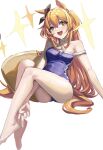  1girl absurdres animal_ears breasts commentary dog_tags highres hirasawagitai horse_ears horse_girl long_hair looking_at_viewer mayano_top_gun_(umamusume) medium_breasts orange_eyes orange_hair simple_background sitting solo sparkle swimsuit twintails two_side_up umamusume wet white_background 