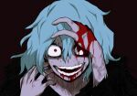  1boy bangs black_background blood blood_on_face blood_on_hands blue_hair boku_no_hero_academia commentary_request hair_between_eyes hand_in_hair highres injury looking_at_viewer male_focus open_mouth portrait red_eyes shigaraki_tomura shii_(shiii24) short_hair simple_background smile solo teeth 
