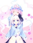  2girls absurdres arm_garter black_hairband blue_eyes blush dot_mouth eyebrows_visible_through_hair floral_background hair_between_eyes hairband hat highres hug hug_from_behind knees_together_feet_apart konpaku_youmu konpaku_youmu_(ghost) long_sleeves mob_cap multiple_girls one-hour_drawing_challenge open_mouth pink_background pink_hair ribbon-trimmed_sleeves ribbon_trim saigyouji_yuyuko shinketsu_kanyu short_hair short_sleeves touhou triangular_headpiece white_hair wide_sleeves 