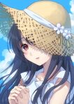  1girl alternate_costume bangs black_hair blush clouds day dress flower fusou_(kancolle) hands_clasped hat hat_flower hat_over_one_eye kantai_collection long_hair looking_at_viewer mitsuyo_(mituyo324) outdoors own_hands_together parted_lips red_eyes sky solo sun_hat upper_body white_dress white_flower 