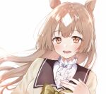  1girl :d animal_ears bow brown_bow brown_eyes brown_hair brown_jacket center_frills commentary_request floating_hair frills ha_(hura76752775) hand_up highres horse_ears jacket long_hair looking_at_viewer multicolored_hair open_mouth satono_diamond_(umamusume) shirt simple_background smile solo two-tone_hair umamusume upper_body upper_teeth white_background white_bow white_hair white_shirt 