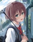  1girl :d akamoku bag bangs blush bow bowtie brown_hair collared_shirt commentary_request day eyebrows_visible_through_hair from_side green_eyes highres holding holding_umbrella long_hair long_sleeves looking_to_the_side open_mouth original outdoors rain red_bow red_neckwear school_bag school_uniform shirt short_hair sidewalk smile solo sweater_vest transparent transparent_umbrella twitter_username umbrella upper_body white_shirt 