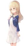  1girl alternate_costume blonde_hair blue_eyes blue_jacket cowboy_shot dress eyebrows_visible_through_hair flat_chest glasses highres jacket long_hair mejina perrine_h._clostermann simple_background solo standing strike_witches white_background white_dress world_witches_series 