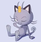  alolan_form alolan_meowth arm_support closed_mouth commentary_request fangs fangs_out full_body grey_background grey_eyes highres looking_at_viewer no_humans one_eye_closed pokemon pokemon_(creature) ruinai sitting smile solo toes 