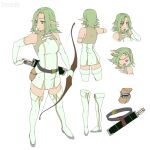  1girl arrow_(projectile) artist_name baronia belt boots bow_(weapon) character_sheet elbow_gloves elf full_body gloves green_eyes green_hair multiple_views original pale_color pointy_ears pouch simple_background standing thigh-highs thigh_boots weapon white_background white_footwear white_gloves white_legwear 