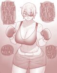 1girl abs boxing_gloves boxing_shorts breasts collarbone commission ekz_(robotekz) english_text eyebrows_visible_through_hair eyepatch highres large_breasts scar scar_on_arm scar_on_cheek scar_on_face shorts tomboy