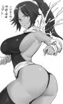  ass bare_shoulders black_hair black_legwear black_leotard bleach breasts cat_girl covered_nipples dark-skinned_female dark_skin from_behind from_side hairband highres hotate-chan large_breasts leotard looking_at_viewer ninja ponytail shihouin_yoruichi smile thick_thighs thigh-highs thighs wings 