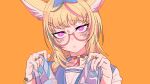  1girl animal_ears bangs blonde_hair blue_nails choker cinderella_(vocaloid) commentary_request eyebrows_visible_through_hair fingernails fox_ears fox_girl glasses highres holding holding_shoes hololive kakult2017 looking_at_viewer nail_polish official_art omaru_polka orange_background pink_eyes red_nails shoes simple_background solo virtual_youtuber zain_(omaru_polka) 