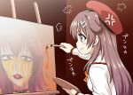  1girl =3 animal_ears beret bone_hair_ornament bow bowtie brown_eyes brown_hair closed_mouth dog_ears easel from_side frown hair_ornament hand_up hat highres holding holding_paintbrush holding_palette hololive inugami_korone itou_yuuji long_sleeves official_alternate_costume paintbrush painting palette_(object) profile red_headwear shirt sideways_mouth solo white_shirt 