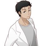  1boy :/ black_eyes black_hair collarbone grey_shirt hair_slicked_back labcoat male_focus mike_inel okabe_rintarou shirt solo steins;gate transparent_background upper_body 