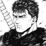  1boy berserk closed_mouth commentary dragonslayer_(sword) frown greyscale guts_(berserk) male_focus monochrome one_eye_closed portrait scar scar_on_face scar_on_nose short_hair shu-mai simple_background solo upper_body weapon weapon_on_back white_background 