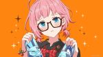  1girl ahoge asahina_akane_(nijisanji) bangs black_shirt blue_eyes bow bowtie cinderella_(vocaloid) commentary_request glasses highres holding holding_shoes looking_at_viewer mugimugigo nijisanji official_art orange_background pink_hair red_neckwear shirt shoes short_hair solo tears virtual_youtuber wing_collar 
