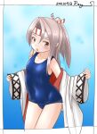  1girl blue_swimsuit brown_eyes cowboy_shot grey_hair hachimaki headband high_ponytail kantai_collection long_hair one-hour_drawing_challenge open_clothes open_robe ray.s robe school_swimsuit solo standing swimsuit twitter_username white_robe zuihou_(kancolle) 