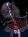  1girl :/ ascot bangs blonde_hair blood blood_on_clothes blood_on_face blush breasts closed_mouth crystal curtsey dark_background darkness expressionless eyebrows_visible_through_hair feet_out_of_frame flandre_scarlet frilled_shirt_collar frills gradient gradient_background hair_between_eyes hat highres kayon_(touzoku) leaning_forward light looking_at_viewer medium_breasts medium_hair mob_cap one_side_up puffy_short_sleeves puffy_sleeves red_eyes red_skirt red_vest short_sleeves simple_background skirt slit_pupils solo standing touhou vest white_headwear wings yellow_neckwear 