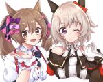  2girls :d ;) animal_ears bare_shoulders black_bow black_jacket blush bow breasts brown_eyes brown_hair center_frills closed_mouth collarbone collared_dress collared_shirt commentary_request covered_collarbone cropped_torso curren_chan_(umamusume) dress ear_bow frills gloves ha_(hura76752775) hair_bow horse_ears jacket long_hair long_sleeves looking_at_viewer medium_breasts multiple_girls off-shoulder_jacket off_shoulder one_eye_closed open_mouth pink_bow puffy_short_sleeves puffy_sleeves purple_bow red_bow shirt short_sleeves simple_background sleeveless sleeveless_dress smart_falcon_(umamusume) smile striped twintails umamusume upper_body vertical-striped_dress vertical_stripes violet_eyes white_background white_gloves white_shirt 