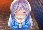  1girl :o absurdres bangs blue_hair blue_neckwear blue_ribbon blue_sweater blurry blurry_background blush chestnut_mouth chinomaron closed_mouth depth_of_field eyebrows_visible_through_hair facing_viewer gochuumon_wa_usagi_desu_ka? hair_between_eyes hair_ornament hands_up highres hoto_cocoa&#039;s_school_uniform kafuu_chino long_hair long_sleeves neck_ribbon nose_blush own_hands_together parted_lips railing ribbon sailor_collar school_uniform serafuku solo sweater white_sailor_collar x_hair_ornament 