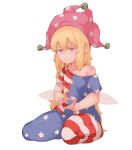  1girl bangs blonde_hair bright_pupils clownpiece doro_au hat highres jester_cap long_hair open_mouth pants polka_dot sitting solo star_(symbol) star_print touhou white_pupils 