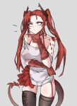  1girl animal_hands arknights black_legwear blue_eyes bra bra_strap breasts chin_stroking choker claws closed_mouth collarbone cowboy_shot dragon_horns dragon_tail grey_background highres horns large_breasts ldz-626 long_hair notice_lines off-shoulder_shirt off_shoulder red_bra red_choker redhead scales shirt short_sleeves simple_background skindentation solo symbol-only_commentary tail thigh-highs toddifons_(arknights) twintails underwear white_shirt 