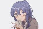  1girl blue_eyes blue_hair blue_scarf blush coffee_cup cup disposable_cup eyebrows_visible_through_hair glasses gotland_(kancolle) grey_background grey_shirt hair_between_eyes hair_bun highres holding holding_cup kantai_collection lolipaedq long_hair looking_at_viewer mole mole_under_eye scarf shirt simple_background solo 