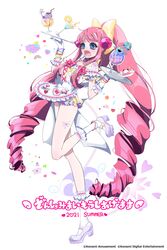  1girl @_@ absurdly_long_hair blue_eyes blush bombergirl bombergirl573 bow cup drill_hair drinking_glass eyebrows_visible_through_hair fang full_body hair_bow high_heels highres holding holding_tray long_hair looking_away momoko_(bombergirl) official_art open_mouth pink_hair skin_fang socks solo tall_female tray twin_drills very_long_hair white_footwear white_legwear yellow_bow 