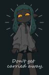  1girl aqua_hair black_shorts blue_hair dark frown glowing glowing_eyes green_background highres inkling jacket long_sleeves looking_at_viewer medium_hair mmudone pointy_ears shorts simple_background solo splatoon_(series) splatoon_2 standing tentacle_hair white_jacket yellow_eyes 