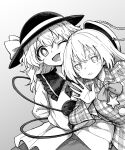 2girls :d :t blouse bow bowtie dress gradient gradient_background grey_background hat hat_bow hata_no_kokoro highres itou_yuuji komeiji_koishi looking_at_viewer multiple_girls one_eye_closed open_mouth parted_lips skirt smile striped striped_dress touhou