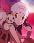  1girl alternate_color beanie black_hair black_shirt closed_mouth commentary_request hikari_(pokemon) eyelashes grey_eyes hair_ornament hairclip hand_up hat jeri20 long_hair looking_at_viewer on_shoulder pachirisu poke_ball_print pokemon pokemon_(creature) pokemon_(game) pokemon_dppt pokemon_on_shoulder red_scarf scarf shiny_pokemon shirt sidelocks sleeveless sleeveless_shirt smile upper_body watermark white_headwear wristband yellow_bag 