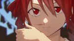  1girl blood blurry blurry_background commentary drill_hair expressionless film_grain highres kasane_teto looking_at_viewer nosebleed portrait red_eyes redhead short_hair smeared_blood solo thumbs_up twin_drills utau yasutange 
