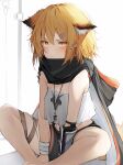  1girl absurdres animal_ear_fluff animal_ears arknights bandaged_arm bandages bare_legs bare_shoulders black_cape black_shorts blonde_hair blush cape closed_mouth ears_down feet_out_of_frame fox_ears fox_girl fox_tail hair_ornament hairclip highres hood hood_down hooded_cape jewelry looking_at_viewer necklace oripathy_lesion_(arknights) short_hair short_shorts shorts sitting skindentation solo strapless tab_head tail thigh_strap v-shaped_eyebrows vermeil_(arknights) yellow_eyes 