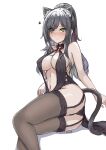  1girl absurdres animal_ear_fluff animal_ears arknights artist_name bare_arms black_hair black_legwear black_panties black_swimsuit blush breasts cat_ears cat_girl cat_tail cdog2035 closed_mouth commentary dated eyebrows_visible_through_hair garter_straps highres large_breasts long_hair looking_at_viewer lying navel on_side panties ponytail reclining schwarz_(arknights) simple_background slingshot_swimsuit solo squiggle swimsuit tail thigh-highs underwear v-shaped_eyebrows white_background yellow_eyes 