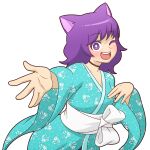  1girl animal_ears breasts cat_ears cat_girl choker commentary english_commentary floral_print indie_virtual_youtuber japanese_clothes kimono kirakirakat medium_hair mike_inel one_eye_closed open_mouth outstretched_hand purple_hair round_teeth small_breasts smile solo teeth transparent_background upper_body violet_eyes virtual_youtuber 