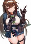  1girl :o blue_jacket breasts brown_hair eyebrows_visible_through_hair girls_frontline hair_ornament hairband hairclip headphones highres holding_jar index_finger_raised jacket js_9_(girls&#039;_frontline) large_breasts lodbyy long_hair looking_at_viewer mechanical_arms one_eye_closed red_eyes solo standing very_long_hair white_background white_hairband 