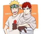  2boys :d blonde_hair blue_eyes border character_name closed_eyes closed_mouth crossed_arms facial_mark gaara_(naruto) goggles goggles_on_head holding looking_at_viewer multiple_boys naruto naruto_(series) no_eyebrows open_mouth orange_background pinoko_(pnk623) red_eyes redhead shirt short_hair simple_background smile stuffed_animal stuffed_toy teddy_bear teeth uzumaki_naruto white_shirt 