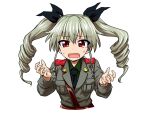  anchovy_(girls_und_panzer) black_bow black_neckwear bow collared_shirt girls_und_panzer green_hair green_shirt grey_jacket hair_bow hands_up highres itou_yuuji jacket long_hair long_sleeves looking_at_viewer necktie open_mouth red_eyes shirt simple_background sweatdrop twintails upper_body white_background wing_collar 