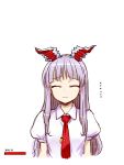  1girl :3 blush closed_eyes ears_down eyebrows_visible_through_hair facing_viewer highres itou_yuuji long_hair necktie puffy_short_sleeves puffy_sleeves purple_hair red_neckwear reisen_udongein_inaba shirt short_sleeves simple_background smile solo touhou translation_request upper_body white_background white_shirt 