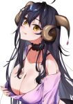  1girl bare_shoulders black_hair breasts choker clothes_lift copyright_request eyeshadow highres horn_ornament horns kasumi_komo large_breasts looking_at_viewer makeup pink_shirt shirt shirt_lift solo tongue yellow_eyes 