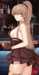  1girl artist_name ass azur_lane bangs bare_shoulders black_gloves blurry blurry_background breasts brown_hair commentary_request commission earrings from_side glass gloves hair_between_eyes highres indoors jean_bart_(azur_lane) jewelry long_hair looking_at_viewer ponytail red_eyes shellvi sideboob smile solo 
