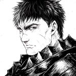  1boy armor berserk berserker_armor closed_mouth commentary from_side greyscale guts_(berserk) looking_at_viewer looking_to_the_side male_focus monochrome one_eye_closed portrait scar scar_on_face scar_on_nose short_hair shu-mai sideways_glance simple_background solo upper_body white_background 