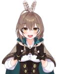  1girl :d ahoge blue_cape blush bow bowtie brown_bow brown_cape brown_eyes brown_gloves brown_hair brown_neckwear cape feather_hair_ornament feathers gloves hair_between_eyes hair_ornament hairclip hands_up highres hololive looking_at_viewer nanashi_mumei open_mouth partially_fingerless_gloves runes simple_background smile solo twitter_username two-sided_cape two-sided_fabric upper_body white_background yoako 