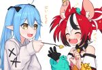  2girls 3: :d ^_^ ahoge animal_ears black_bow black_gloves blue_hair blush bow cheese claw_pose closed_eyes fangs feeding fingernails food fork gloves grey_sweater hair_between_eyes hair_bow hakos_baelz holding holding_fork hololive hololive_english long_hair long_sleeves mouse mouse_ears mouse_on_head multicolored_hair multiple_girls notice_lines official_alternate_costume open_mouth redhead sharp_teeth simple_background single_glove smile streaked_hair sweater swiss_cheese teeth translation_request twintails twitter_username white_background yellow_eyes yoako yukihana_lamy 