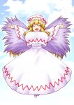  1girl :d blonde_hair blue_sky blush breasts character_request clouds cloudy_sky covered_nipples dress facing_viewer flying hat highres itou_yuuji large_breasts long_dress long_hair long_sleeves open_mouth outstretched_arms shirt shirt_overhang sky smile solo spread_arms spread_wings touhou white_dress white_headwear white_shirt wide_sleeves 
