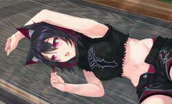  1girl animal_ear_fluff animal_ears arm_up armpits bangs black_hair black_shirt black_shorts breasts cat_ears gradient_hair iris_black_games kinnrui905 kisaragi_ren_(vtuber) lying medium_breasts midriff multicolored_hair navel on_side open_clothes open_mouth open_shorts red_eyes red_shorts redhead shirt short_hair short_shorts shorts solo torn_clothes torn_sleeves virtual_youtuber vspo! 